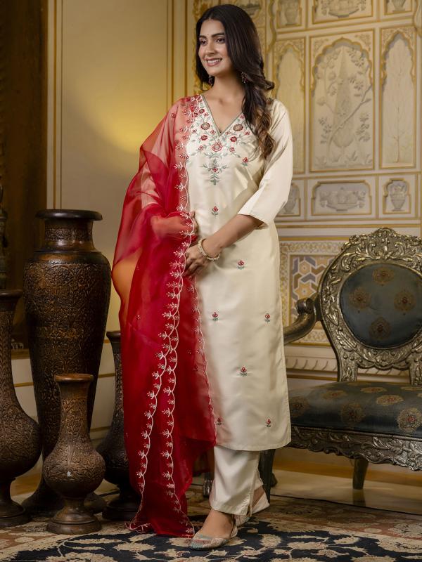 VP 9657 Embroidered Silk Blend Calf Length Straight Kurta Set